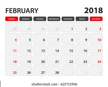 calendar for February 2018, Week Starts on Monday