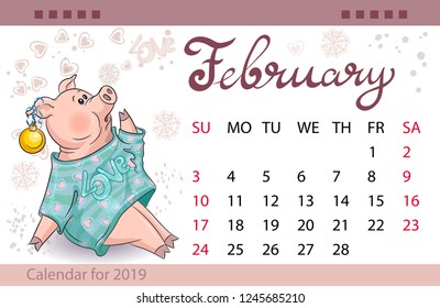 Calendar for February 2019. Inscription. year of pig. Pig, symbol of the year vector illustration. New year celebration. Valentine's day
