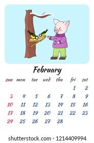 Calendar for February 2019 new year with a fun picture with the symbol of the year cute pig