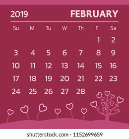 Calendar for February 2019 with valentine theme