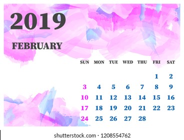 Calendar february 2019 watercolor vector illustration. Layers grouped for easy editing illustration. For your design