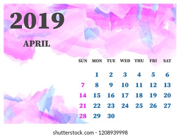 Calendar february 2019 watercolor vector illustration. Layers grouped for easy editing illustration. For your design