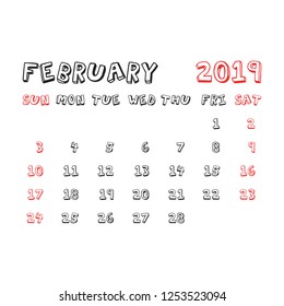 Calendar february 2019 year in cartoon child style. Calendar planner design template. Agenda february monthly reminder. Business vector illustration.