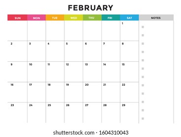 calendar february 2020 , printable , colour