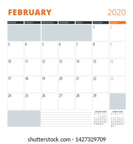 Calendar for February 2020. Stationery design template. Vector illustration