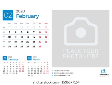 Calendar for February 2020. Vector design print template with place for photo. Week starts on Monday. 3 months on page
