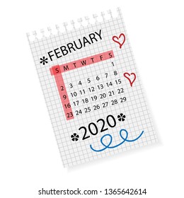 Calendar for February 2020. Vector calendar template on checkered sheet of paper. Hand drawn scribble elements. Week starts on Sunday.
