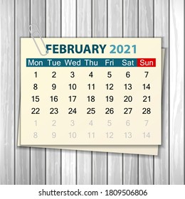 Calendar February 2021 on wood background. Vector illustration.
