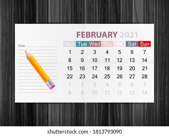 Calendar February 2021 on wood background. Vector illustration.