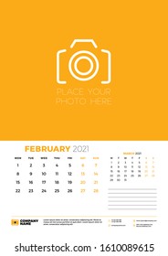 Calendar for February 2021. Week starts on Monday. Wall calendar planner template. Vector illustration