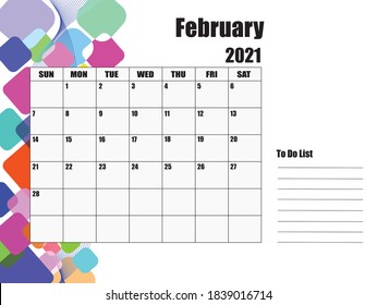 Calendar for February 2021. The white background on the left has square of various sizes and colors.