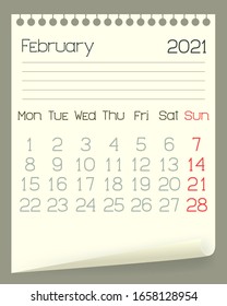 Calendar February 2021 year on a folded notebook with holes. English language. Week starts on Monday. Monthly planner design template in vector. 