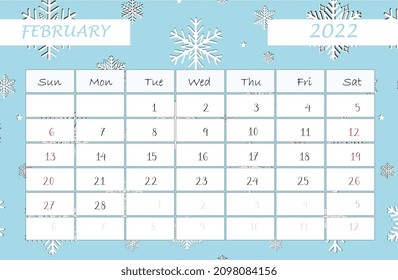Calendar February 2022. calendar template with snowflakes. Isolated on blue background. Week starts sunday.