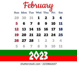 Calendar for february 2023 year. English calendar template. Wall calendar in a minimalist style.
