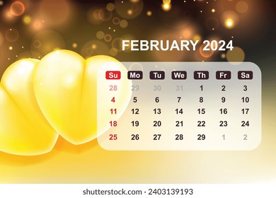 Calendar for February 2024 with love background. Vector Illustration
