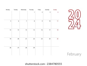 Calendar for February 2024 in modern design, planner template. Vector calendar 2024.