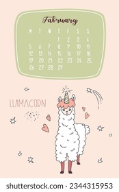 Calendar for February 2024, from Monday to Sunday. Cute llama like unicorn - llamacorn. Alpaca cartoon character. Funny animal. scandinavian style design. Vector illustration