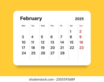 Calendario febrero 2025 icono en estilo plano. Ilustración vectorial del planificador en fondo aislado. Concepto de negocio de signo de calendario.