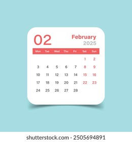 Calendar february 2025 icon in flat style. Planner vector illustration on isolated background. Calender sign business concept.