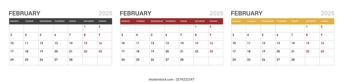 calendar for February 2025. set of calendars for February