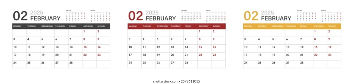 calendar for February 2025. set of calendars for February