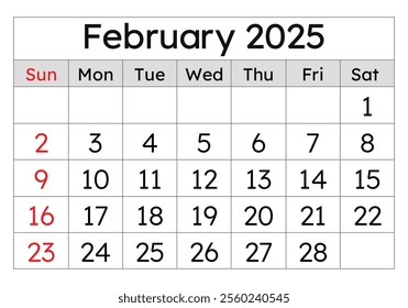 Calendar for February 2025. Simple vector illustration. English page of the winter month