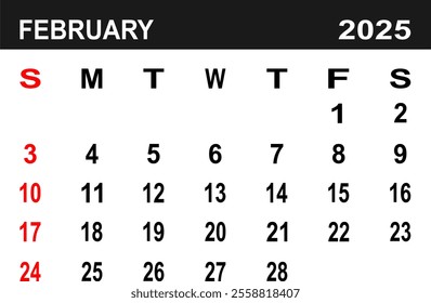 Calendar for February 2025. the week begins on Monday. flat design. removable calender for the month. vector ilustration. 