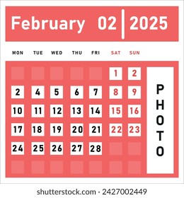 Calendar for February 2025.New year idea.