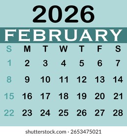 calendar of february 2026 with teal color