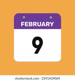 Calendar february 9 date calendar and year, vector icon design