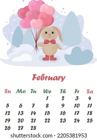 Calendar February. Cute calendar with the image of a rabbit in love, with balloons in the form of hearts. Winter illustration with a cute bunny with balloons . Vector