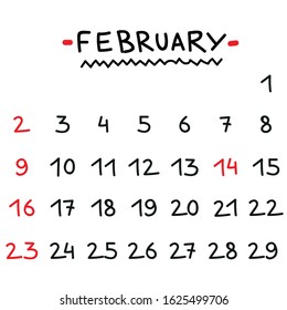 Calendar for February with a dedicated February 14. Valentine's day.