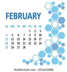 Calendar february month 2018, template. Week starts from Sunday. Background with blue hexagons. Vector illustration