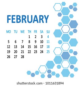 Calendar february month 2018, template. Week starts from Monday. Background with blue hexagons. Vector illustration