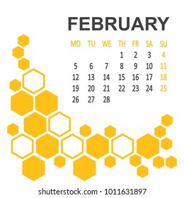 Calendar february month 2018, template. Week starts from Monday. Background with yellow hexagons, honeycombs. Vector illustration