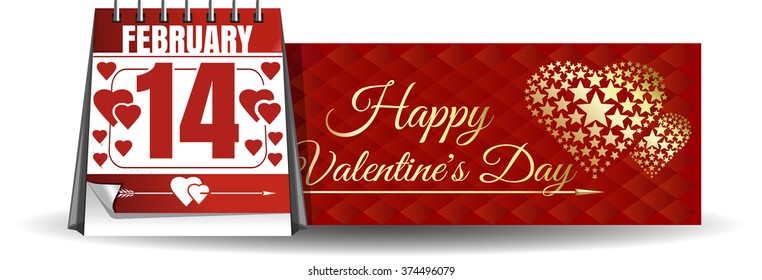 Calendar with festive date against the backdrop of a greeting card. The 14th of February. Happy Valentine's Day. Vector illustration. Banner for Valentine's Day.