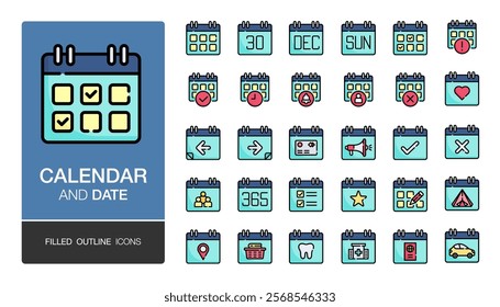 Calendar filled outline icon. Calendar settings, daily checklist management, containing date, timetable, weekly schedule. For presentation, graphic design, mobile application. Editable stroke.