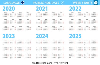 Calendario en finés para el año 2020, 2021, 2022, 2023, 2024, 2025. La semana comienza el lunes. Calendario vectorial.