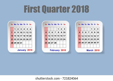 Calendar for first quarter of 2018 year on the blue background