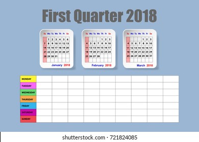 Calendar for first quarter of 2018 year on the blue background with the empty weekly schedule.