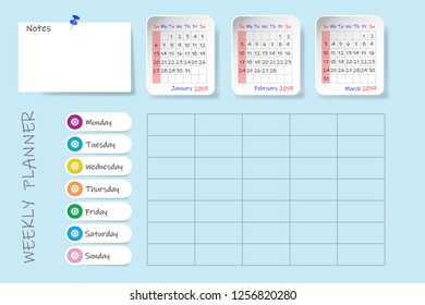 Calendar for first quarter of 2019 year with weekly planner chart and blank label for notes. Week start Sunday.