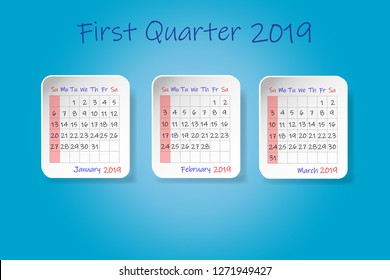 Calendar for first quarter of 2019 year. Week start Sunday. All on the blue background. 