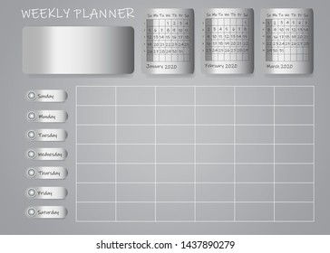 Calendar for first quarter of 2020 year with weekly planner chart and blank label for notes on metallic sheets. Week start Sunday.