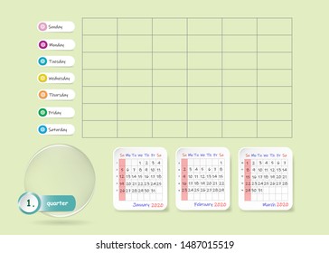 Calendar for first quarter of 2020 year with weekly planner chart and blank label for notes and main tasks. Week start Sunday.