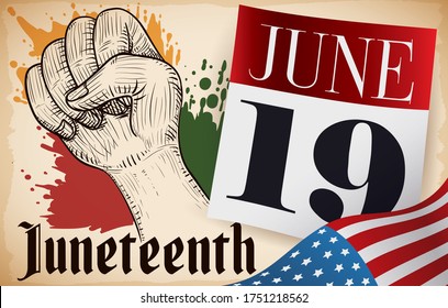 
Calendar and fist drawing with some paint splashes with African colors, U.S.A. flag and loose-leaf calendar with reminder date for Juneteenth celebration in June 19.