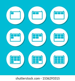Calendar flat blue vector icon set in circles