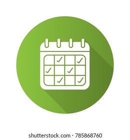Calendar flat design long shadow glyph icon. Daily organizer. Vector silhouette illustration