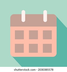 Calendario, icono de vector de diseño plano con sombra larga sobre fondo verde.
