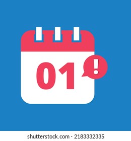 Calendar flat icon, appointment schedule scheduled on day 01. Vector icon.
