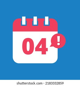 Icono plano del calendario, programación de citas programada para el día 04. Icono del vector.